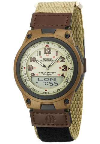 Casio AW-80V-5BV Brown Cloth Band 30 Page Databank Duo World Time Ana Digital 3 Alarms Watch