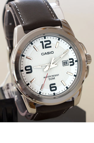 Casio MTP-1314L-7AV Men's White Face Brown Leather Band with Date Display Watch