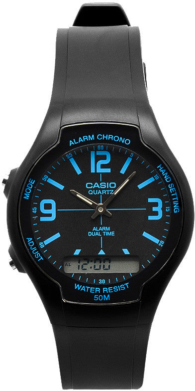 Casio AW-90H-2BV Black Blue Digital Watch Analog Gold 50M WR Stopwatch New
