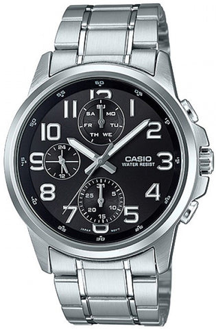 Casio MTP-E307D-1A Men's Black 3 Dials Watch Modern Stainless Steel New