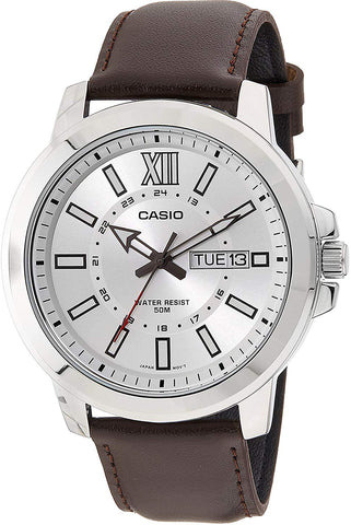 Casio MTP-X100L-7AV Men's XL 52mm Silver Analog Watch Brown Leather Date Date New