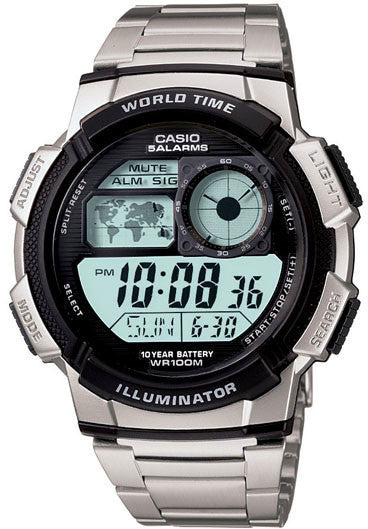 Casio AE-1000WD-1AV World Time Map 5 Alarms Watch 10 Year Battery World Map Steel