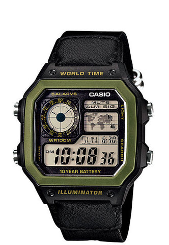 Casio AE-1200WHB-1BV World Time 4 Time Zones 5 Alarms Cloth Band Watch