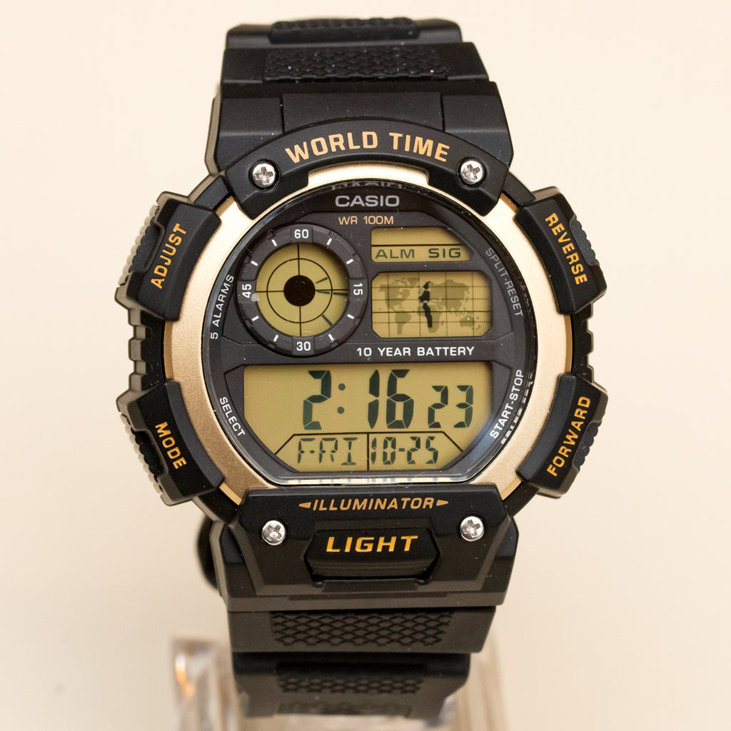 Casio AE-1400WH-9AV World Time 5 Alarms 10 Year Battery Watch LED New