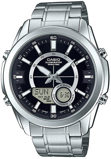 Casio AMW-810D-1A Men's Stainless Steel Watch, Analog Digital 50M WR, World Time