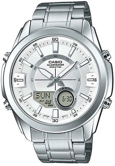 Casio AMW-810D-7AV Men's Stainless Steel Watch, Analog Digital 50M WR, World Time