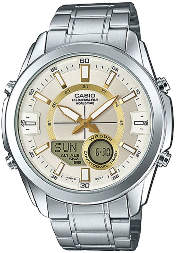 Casio AMW-810D-9AV Men's Stainless Steel Watch, Analog Digital 50M WR, World Time