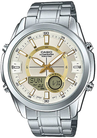 Casio AMW-810D-9AV Men's Stainless Steel Watch, Analog Digital 50M WR, World Time