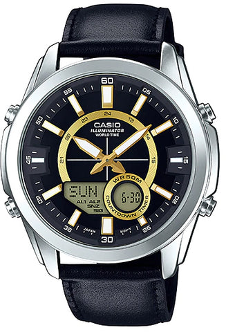 Casio AMW-810L-1AV Men's Black Leather Band Analog Digital 50M Watch World Time