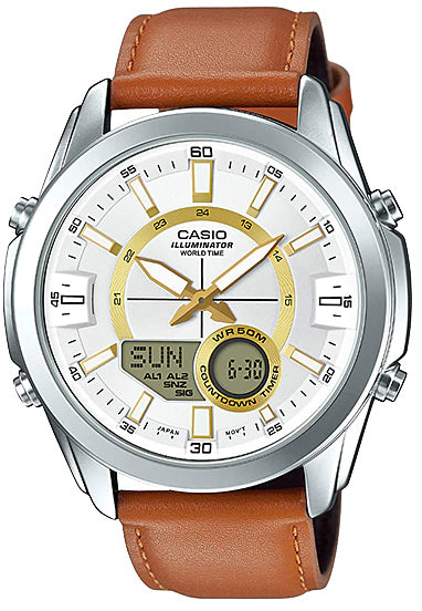 Casio AMW-810L-5AV Men's Brown Leather Band Analog Digital 50M Watch World Time