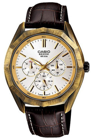 Casio BEM-310AL-7A Mens BESIDE Brown Leather Dress Watch Gold Case 3-Dials