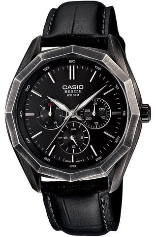Casio BEM-310BL-1A Mens BESIDE Black Leather Dress Watch 3-Dials BLACK