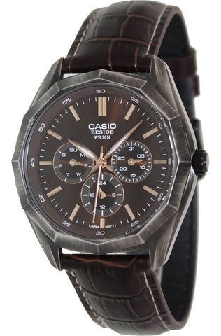 Casio BEM-310BL-5AV Mens BESIDE Brown Leather Dress Watch 3-Dials