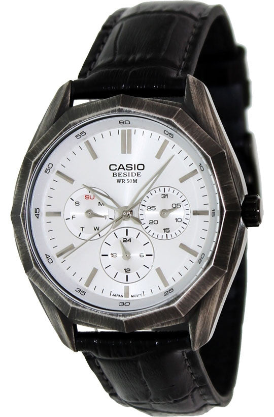 Casio BEM-310BL-7AV Mens BESIDE Black Leather Dress Watch 3-Dials BLACK