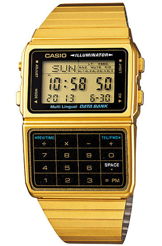 Casio DBC-611G-1D Gold Stainless Steel Databank Calculator Watch 5 Alarms NEW