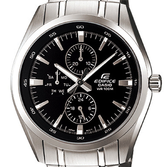 Casio EF-338D-1A Men's Edifice Black Analog Watch Steel Multi-Dials 100M WR