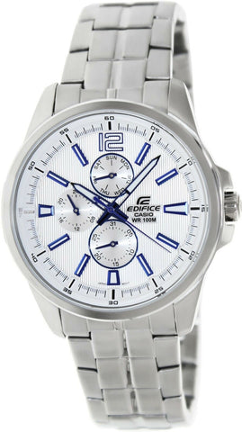 Casio EF-343D-7AV EDIFICE Mens White Analog Steel Watch 100M WR 3 Dials Sport New