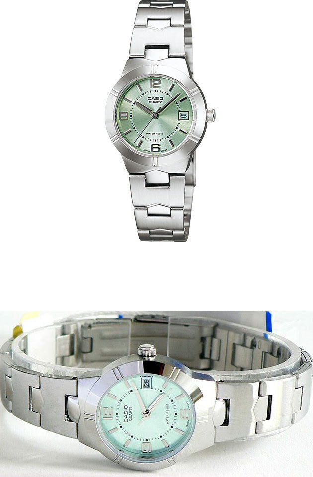 Casio LTP-1241D-3A Green Ladies Analogue Steel Band Date Watch