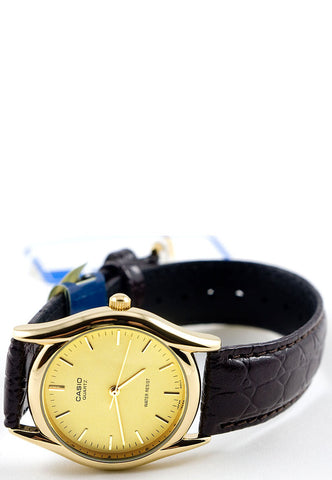 Casio MTP-1094Q-9A Men's Gold Analogue Quartz Watch Croc Leather Band