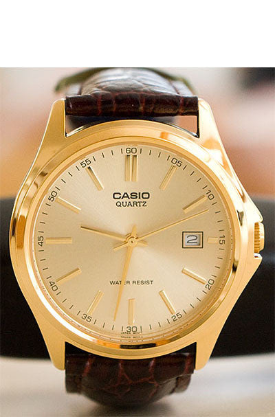 Casio MTP-1183Q-9A Men's Gold Analogue Leather Band Date Watch Palladium Case