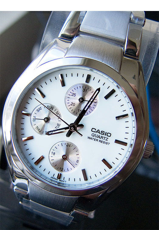 Casio MTP-1191A-7AD Men's White Analogue 3 Dial Display Watch Stainless Steel