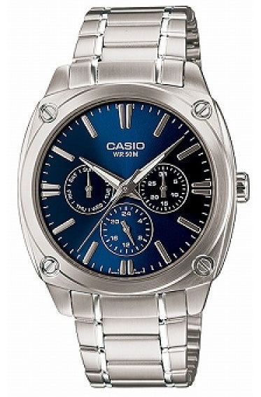Casio MTP-1309D-2AV Mens 3 Dial Modern Stainless Steel Dress Watch Blue Dial