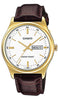 Casio MTP-V003GL-7A Mens Gold White Analog Brown Leather Band Watch New Day Date