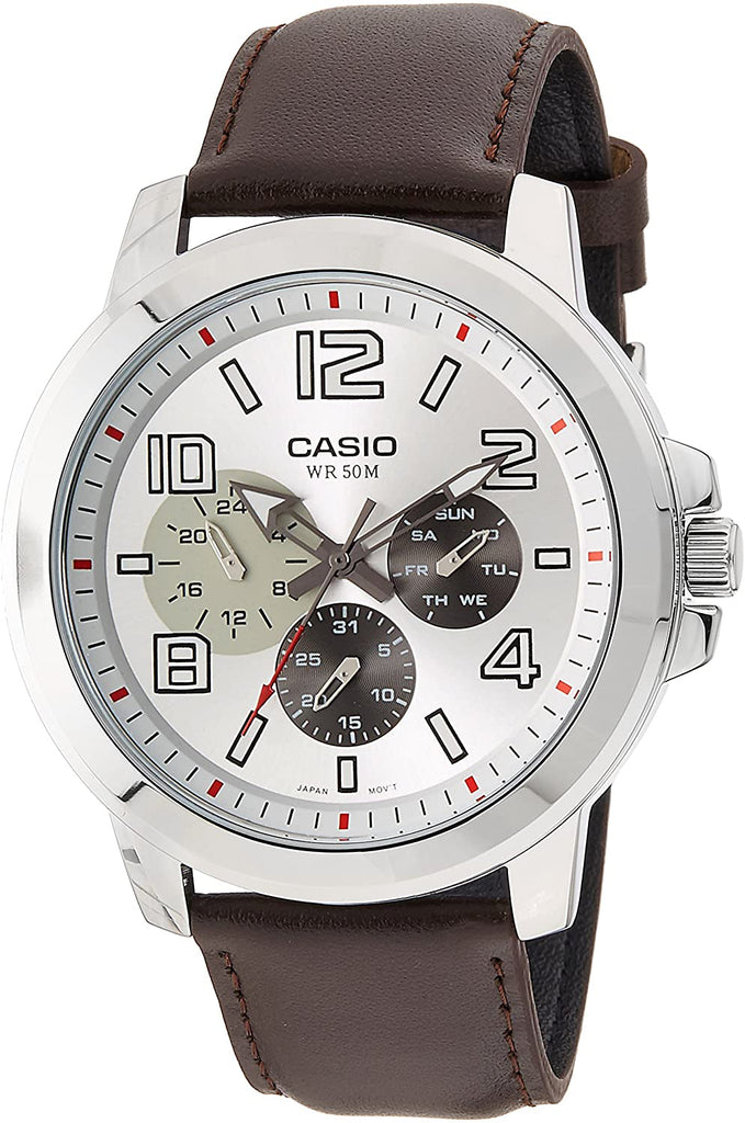 Casio MTP-X300L-7A Men's XL 56mm Multi Dial Analog Watch Brown Leather Date Date New
