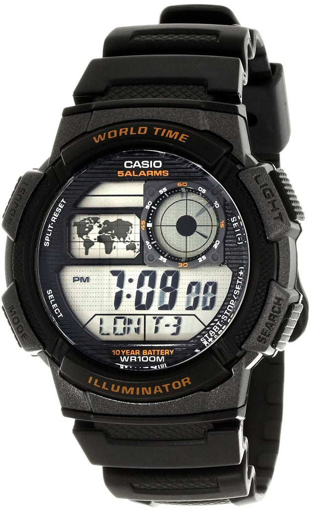 Casio AE-1000W-1AV World Time Map 5 Alarms Watch 10 Year Battery World Map