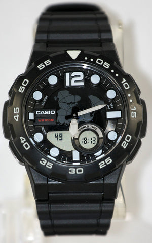 Casio AEQ-100W-1AV Mens Black 100M World Time Watch Digital/ Analog Sports New