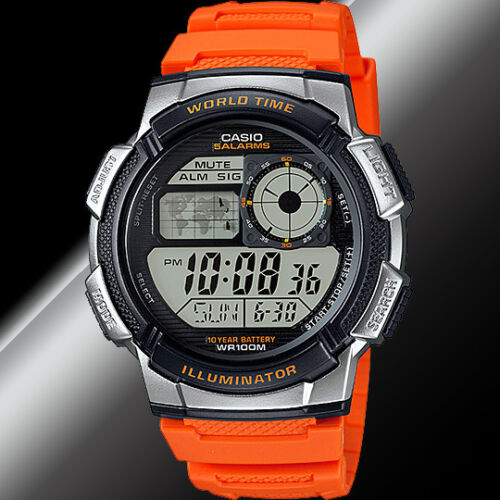 Casio AE-1000W-4BV World Time Map 5 Alarms Watch 10 Year Battery World Map Orange