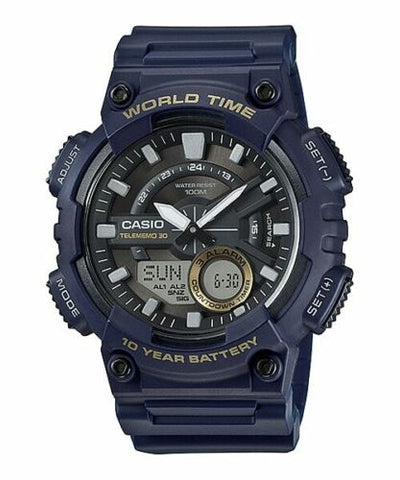 Casio AEQ-110W-2AV Mens Blue 100M World Time Watch Digital/ Analog Sports New