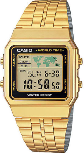 Casio A-500WGA-1D World Time 5 Alarms LED Backlight Watch Gold Steel Band New